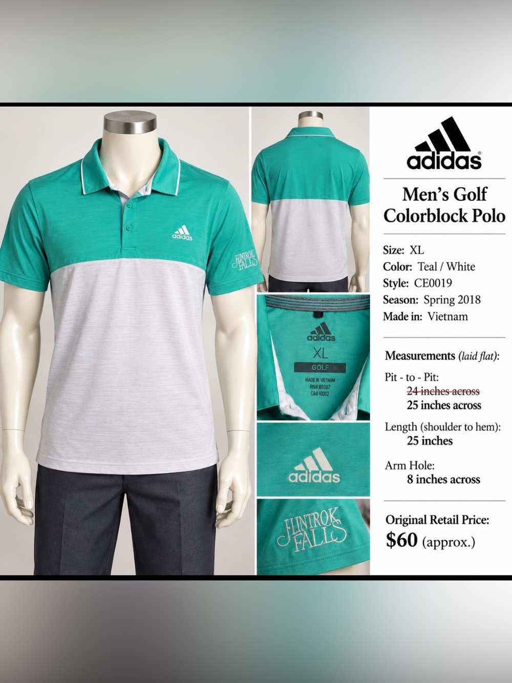 adidas Menโs Teal and Light Gray Colorblock Golf Flintrock Falls Polo Shirt